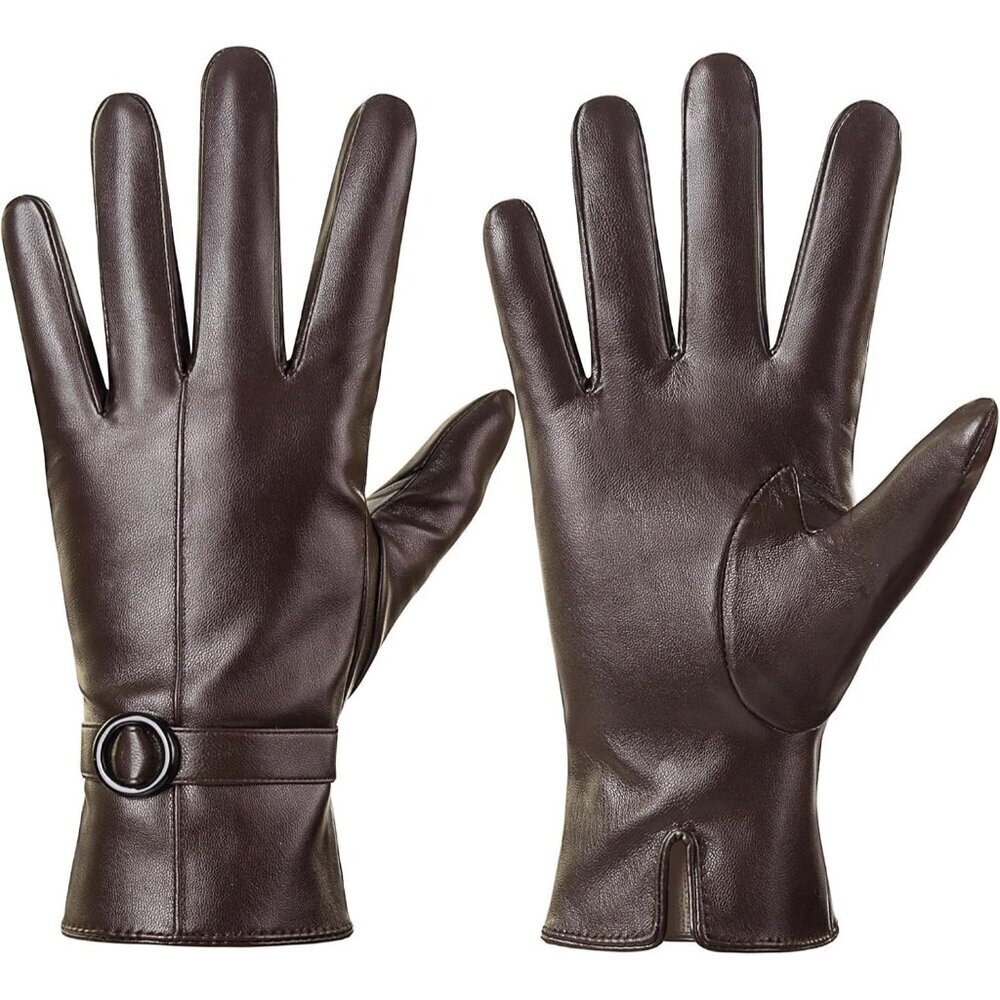 Women's Brown Lambskin Leather Gloves Warm Touchscreen Winter Driving Gift